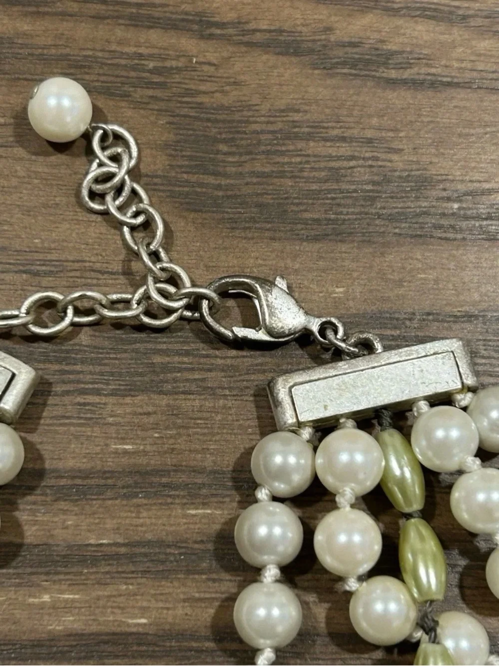 Faux Pearl Matching 5 Strand Necklace 16-18 & Earring Set Silver Tone